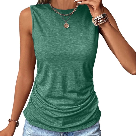 JnLxul Womens Tank Tops Sleeveless Ruched Side Crew Neck T-Shirts Casual Loose Summer Comfy Solid Color Tee Tops
