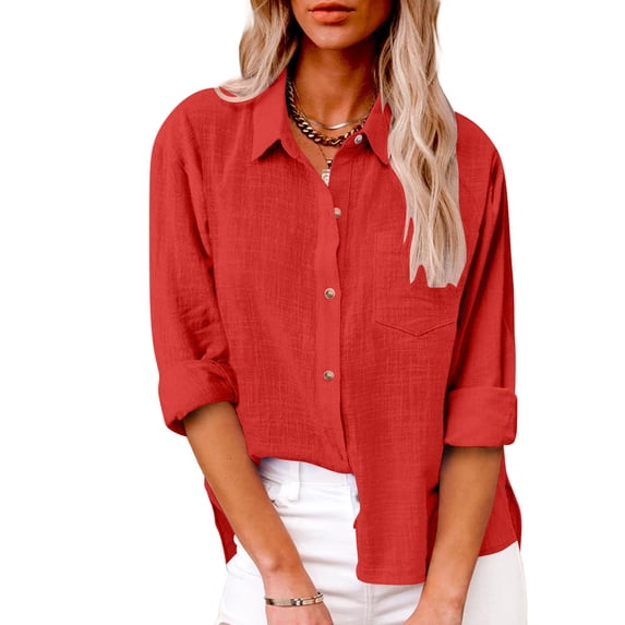 JnLxul Womens Tops Long Sleeve Button down Lapel Neck Shirts Casual Loose Summer Breathable Tops with Pocket
