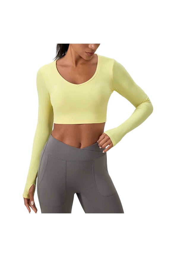 Workout Tops for Women Long Sleeve Cropped Slim Fitting Scoop Neck Racerback Quick-Dry Yoga Tennis Gym Tops