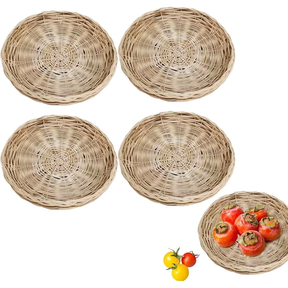Jngnaor 4 Pcs Bamboo Woven Storage Baskets, 25cm Round Paper Plate Holders, Reusable for Picnic Party - Woven Design