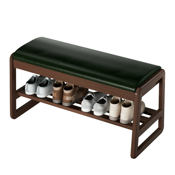 Jnismy 2-Tier Wooden Shoe Rack for Entryway,Solid Wood Shoe Bench Shoe Organizer Shelf Multifunctional Entrance Bench with Lift-Up Cushion and Hidden Storage,Green