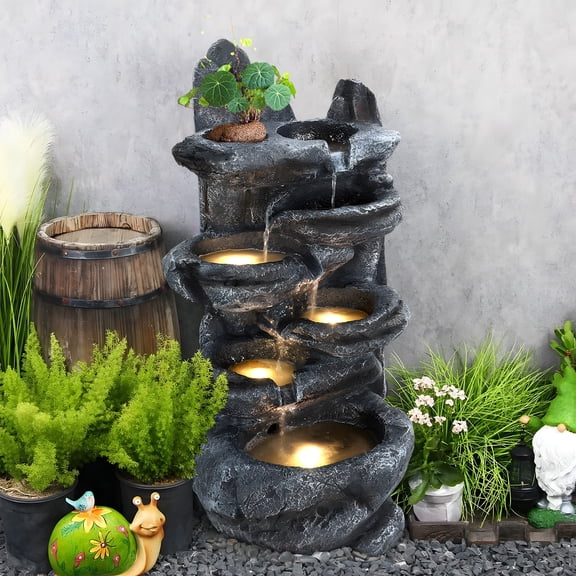 Jnismy Cascading Rock Water Fountain Outside Patio Water Features Fountain with LED Light,Garden Waterfall Decor,6-Tiers