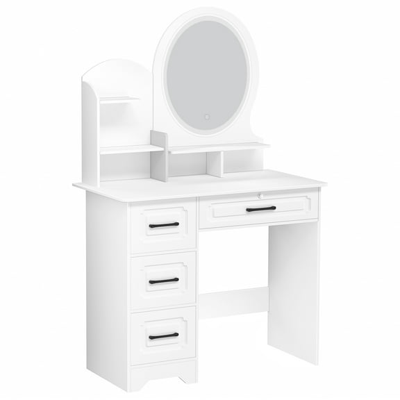 Jnismy Makeup Desk with Mirror and Light, Bedroom Dressing Table with 4 Large Drawers and 3 Open Shelves,European-style Bedroom Storage Cabinet for Bedroom