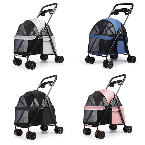 Jnismy Pet Stroller with 4 Wheels, Foldable Pet Travel Carrier with Cup Holder for Small/Medium Dogs Cats (Pink 1Pc)