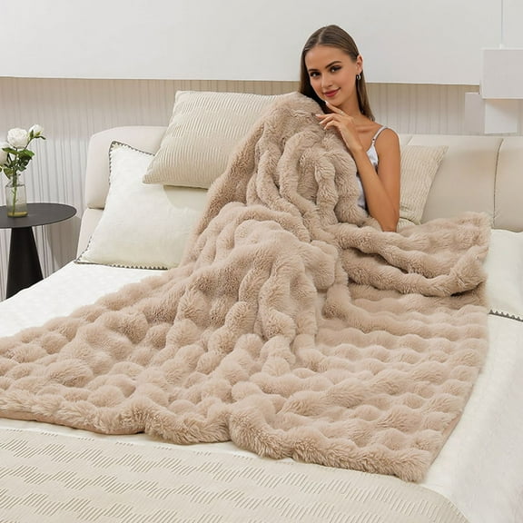 Jnismy Throw Blanket Thickened Fuzzy Plush Faux Rabbit Fur Blanket,Solid Color Square Bubble Design Cozy Warm Quilt,Camel