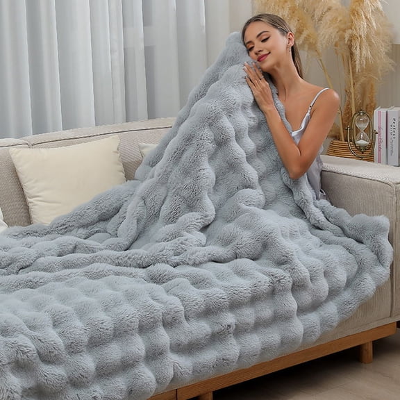 Jnismy Throw Blanket Thickened Fuzzy Plush Faux Rabbit Fur Blanket,Solid Color Square Bubble Design Cozy Warm Quilt,Light Grey