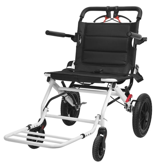 Jnismy Ultra Lightweight Transport Wheelchair for Adults, Foldable, 20-Inch Seat Width, White Frame, Black Upholstery