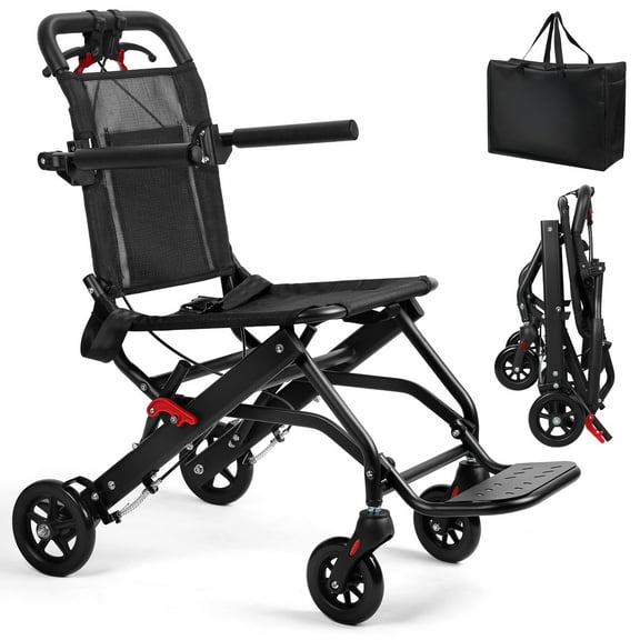 Jnismy Wheelchair, Aluminum Alloy Ultra-Thin Transport Chair for Adults, Foldable Wheelchair with Flip-up Armrest, Portable Transportation Travel Wheelchair, Bearing 286lbs (Black)