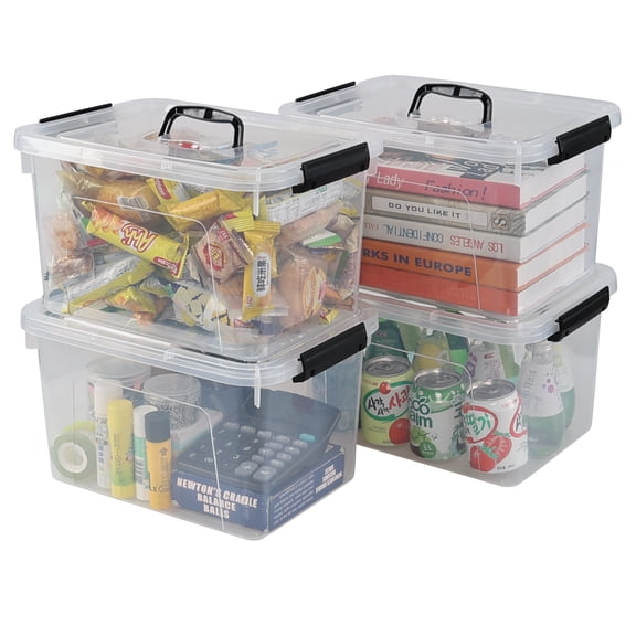 Jnktka 12 Quart Latching Storage Tote, Set of 4, Clear Plastic Organizer Box with Handle