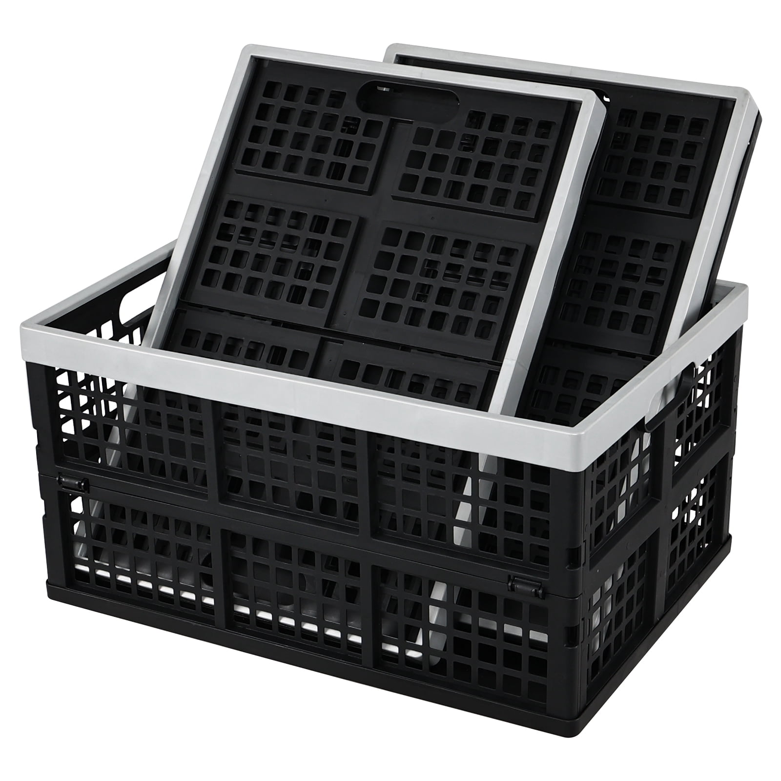 Jnktka 3 Pack 42 L Large Collapsible Storage Crates, Stackable Plastic Crate Basket Black