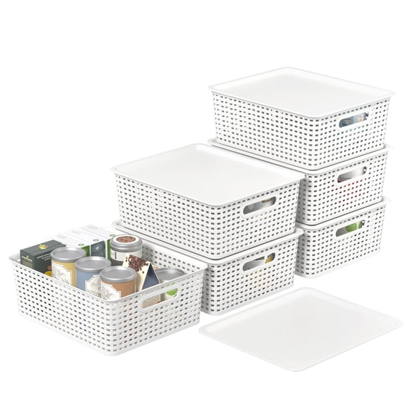 Jnktka Plastic Shelf Storage Baskets with Lids, Set of 6 Stackable Weave Storage Basket, White