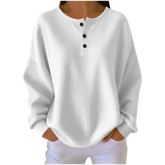 Jnlxul Tops for Women Trendy Long Sleeve Crew Neck Button Pull-On Tops Casual Loose Summer Plain Shirts