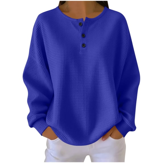 Jnlxul Tops for Women Trendy Long Sleeve Crew Neck Button Pull-On Tops Casual Loose Summer Plain Shirts