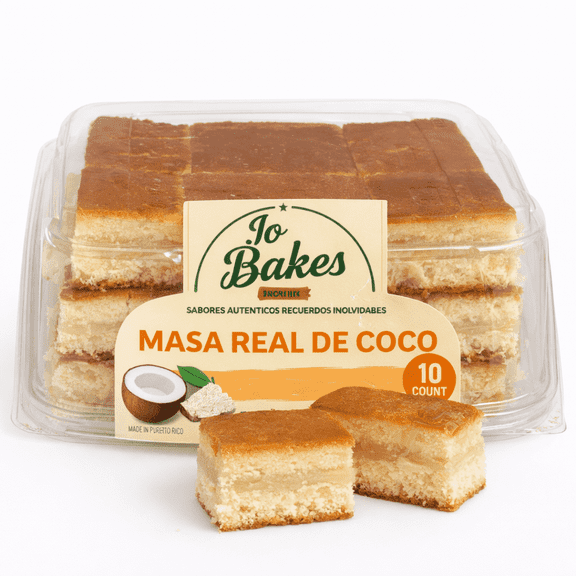 Jo Bakes Masa Real de Coco 10 Count Coconut Cake Bars | Bakery Style Tropical Snack Dessert
