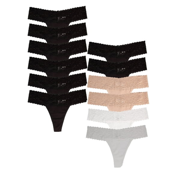 Jo & Bette Womens Cotton Lace Trim Underwear Panties Thongs,12 pack Black and Neutral S
