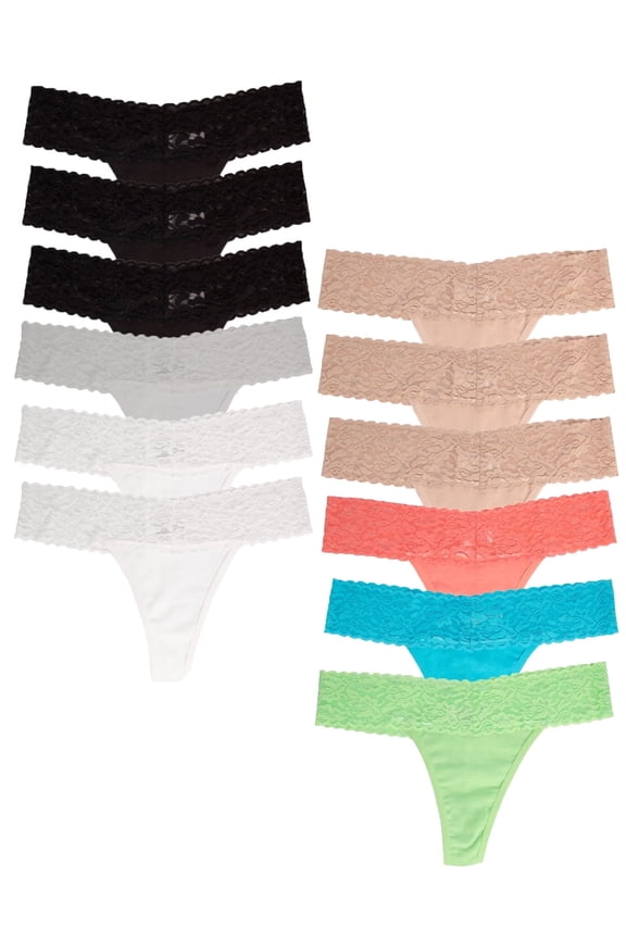 Womens Cotton Lace Trim Underwear Panties Thongs,12 pack Classic and White M