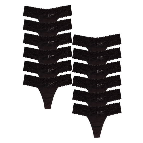 Jo & Bette Womens Cotton Lace Trim Underwear Panties Thongs, 12 pack Black XL