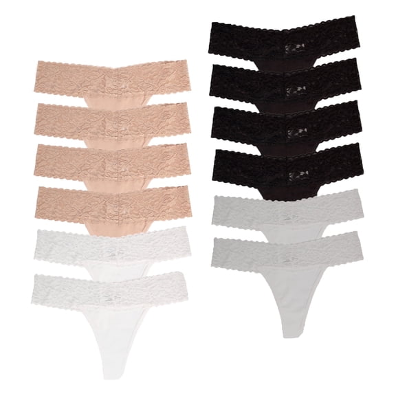 Jo & Bette Womens Cotton Lace Trim Underwear Panties Thongs, 12 pack Neutral S