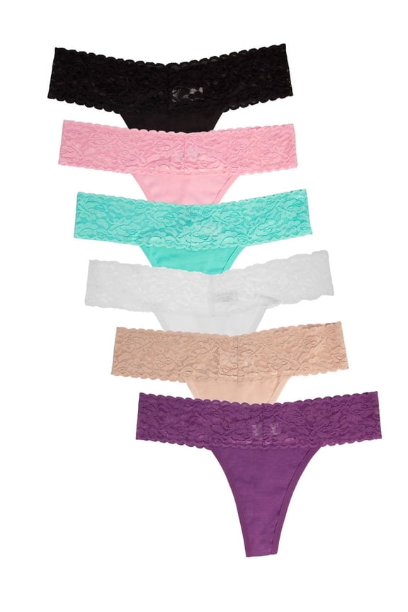 Womens Lace Cotton Thong Panties, 6 pack Pastels S