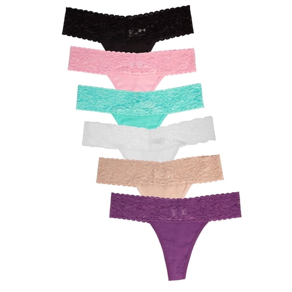 Jo & Bette Womens Lace Cotton Thong Panties, 6 pack Pastels S