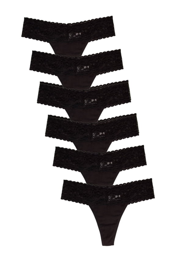 Womens Lace Cotton Thong Panties, 6 pack Black L