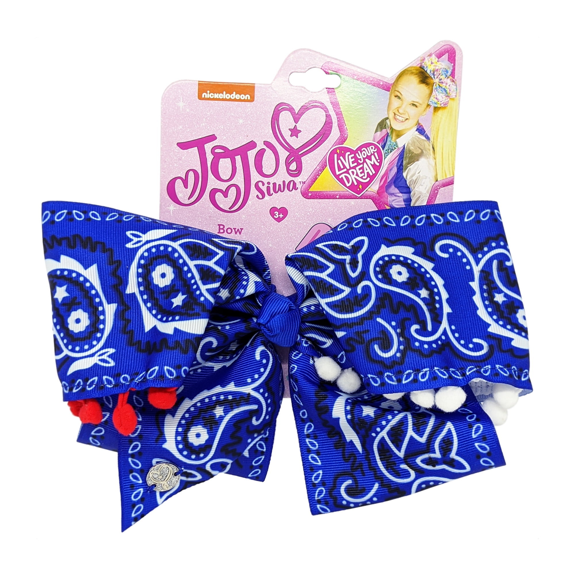 Jo Jo Siwa Bow in Blue Bandanna Print with Red and White Pom Accents