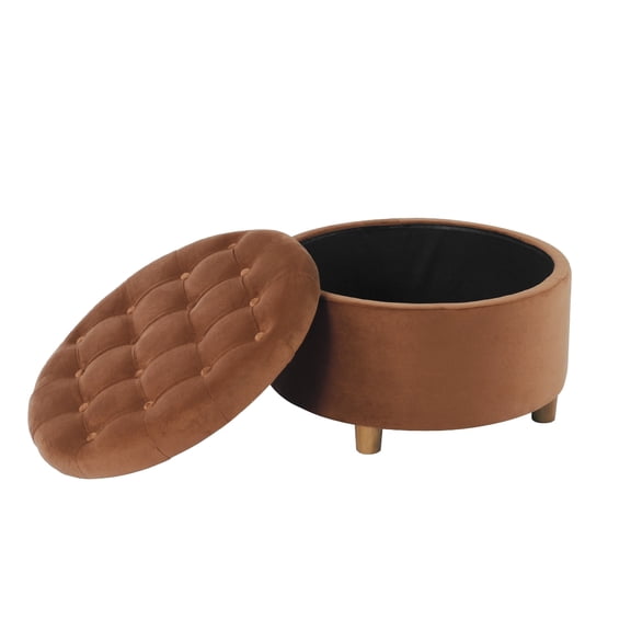 Jo Storage Ottoman, 28 Inch Round Tufted Lift Top, Spice Brown Velvet