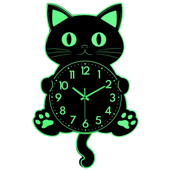 JoFomp 20 Inch Wooden Cat Clock with Moving Tail, Glow in The Dark Wall Clocks Battery Operated, Large Wall Clocks for Living Room Decor, Silent Wall Clock for Bedroom Night Glow, Lighted Wall Clock