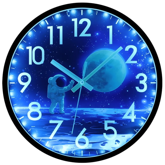 JoFomp Glow in The Dark Wall Clock 12 Inch, Silent Lighted Wall Clocks Battery Operated, Astronaut Night Light Wall Clock for Bedroom, LED Sound Control Light Up Wall Clocks for Living Room Decor