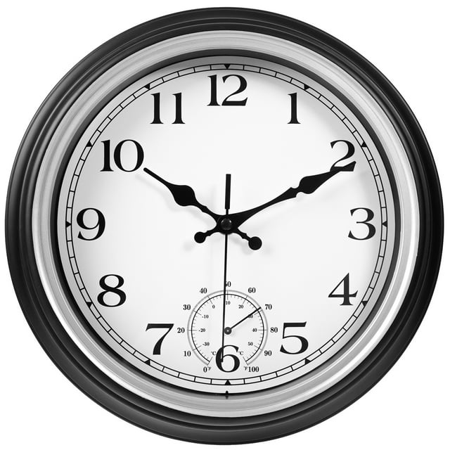 JoFomp 12 inch Weatherproof Outdoor Clock with Thermometer Silent