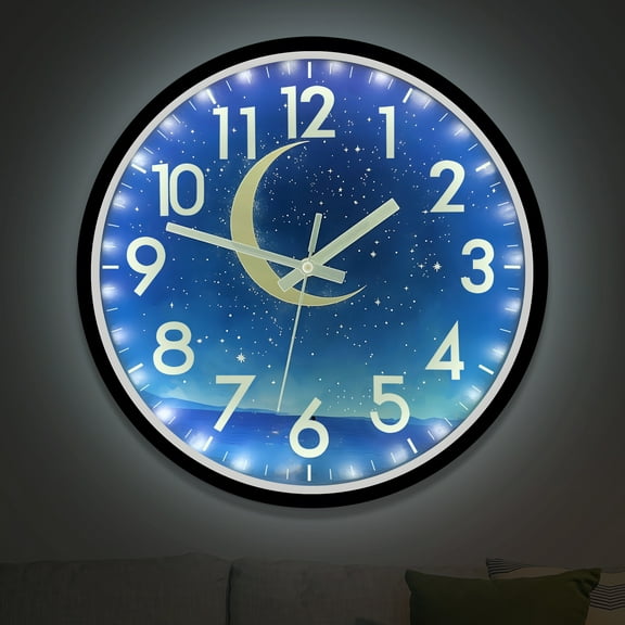 JoFomp Luminous Wall Clock, 12 inch LED Night Light Silent Clock, Glow in The Dark Moon and Starry Sky, Lighted Clock with Smart Sensor(White Light)