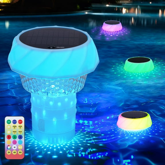 JoFomp Solar Pool Chlorine Floater with Colorful Lights, Remote Control Chlorine Tablet Floater, Adjustable Release Pool Floater for Chlorine Tablets 3&1", Chlorine Dispenser for Pool, Hot Tub (1pcs)