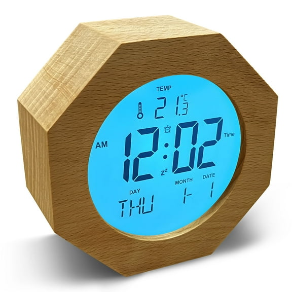 JoFomp Wooden Alarm Clock for Bedroom, 4'' LCD Nightlight Small Digital Clock Battery Operated, Loud Alarm Clock for Heavy Sleepers, Alarm Bedside Clock with Temp/Snooze/Date/Week/Countdown - 12/24H