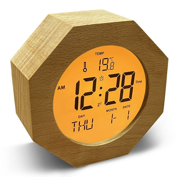 JoFomp Wooden Alarm Clock for Bedroom, 4'' LCD Nightlight Small Digital Clock Battery Operated, Loud Alarm Clock for Heavy Sleepers, Alarm Bedside Clock with Temp/Snooze/Date/Week/Countdown - 12/24H