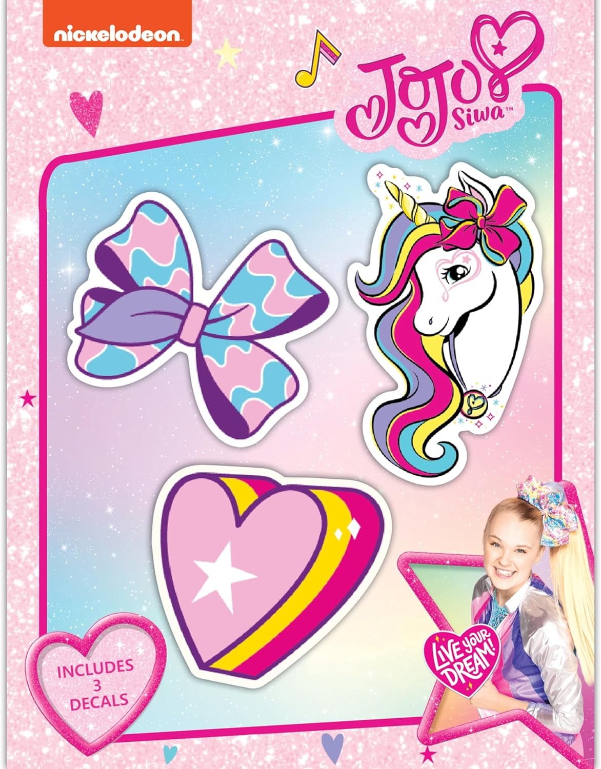 JoJo Siwa Decals Set of 3 Unicorn, Heart, Bow Vinyl Stickers for