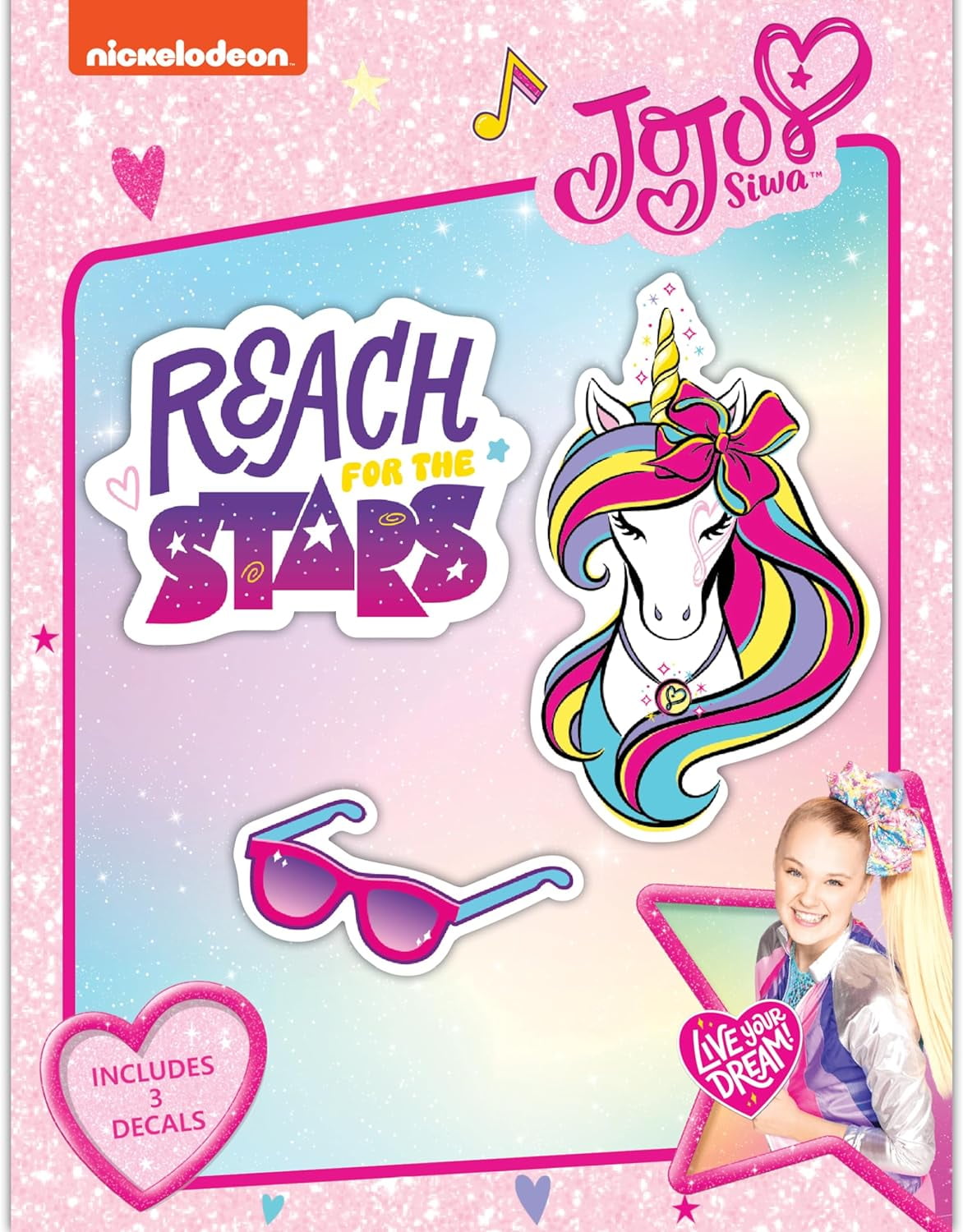 JoJo Siwa Decals Set of 3 Unicorn, Sunglasses, "Reach For The Stars