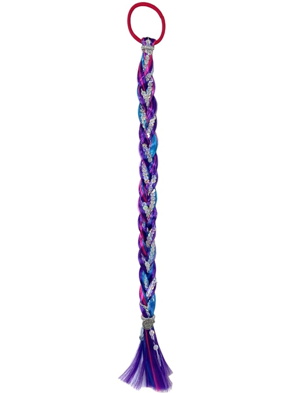 Faux Braid Hair Pony Tie w/Sequin Strip Purple Green Party Favor