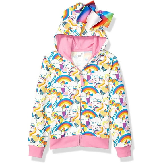 JoJo Siwa Girls' Little Unicorns & Rainbows All Over Print Zip Up Hoodie with Bow