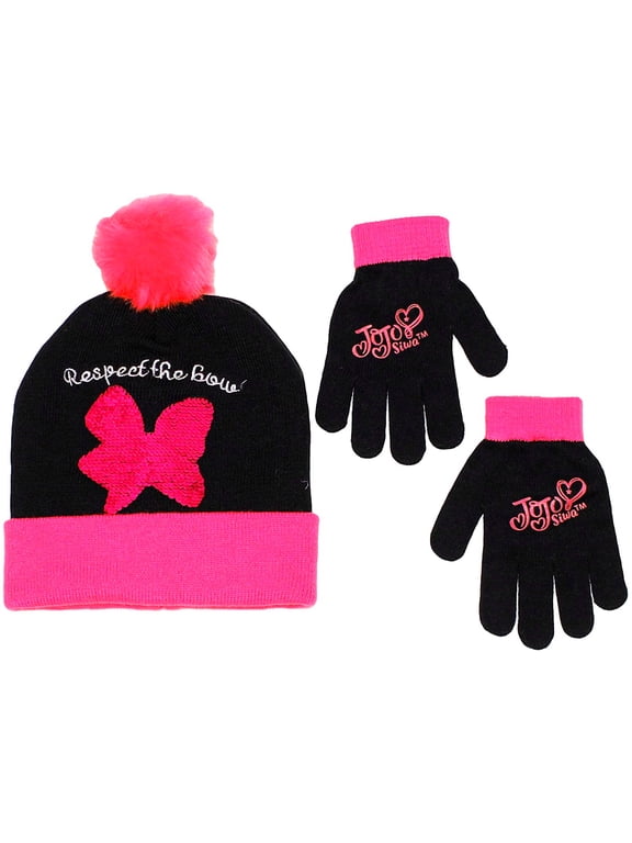 Girls' Sequin Bow Beanie Hat and Gloves Set