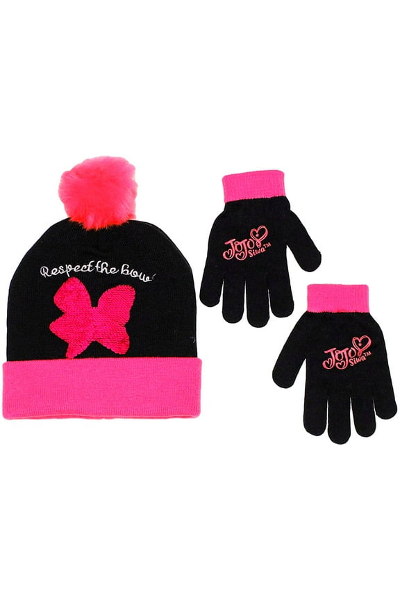 Girls' Sequin Bow Beanie Hat and Gloves Set