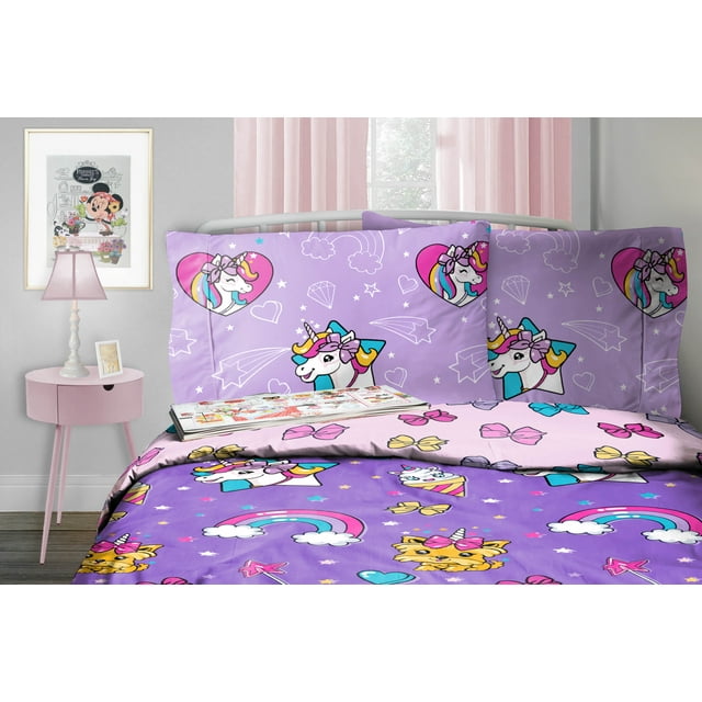 JoJo Siwa Rainbow Unicorn Bow Purple 5 Piece Full Bed Set, 100