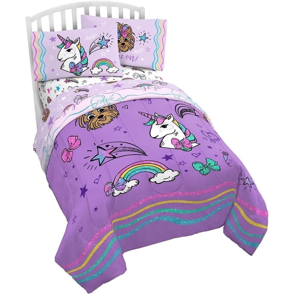 JoJo Siwa 'Sparkle Shine' Twin/Full Reversible Comforter Kids Bedding with Unicorn & BowBow 72" x 86", Soft Polyester, Machine Washable