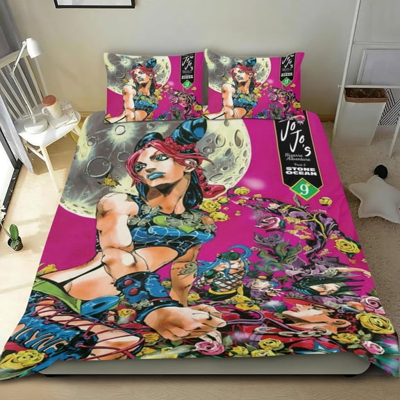 JoJo's Bizarre Adventure Themed Bed Sheet Set Three Piece Set 53x79 In ches Comfortable And Skin Friendly Unique Design Creating A Star Studded Night Home Decor Gifts For Family Friends fans