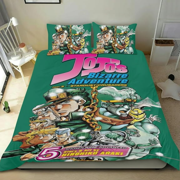 JoJo's Bizarre Adventure Themed Bed Sheet Set Three Piece Set 53x79 In ches Comfortable And Skin Friendly Unique Design Creating A Star Studded Night Home Decor Gifts For Family Friends fans