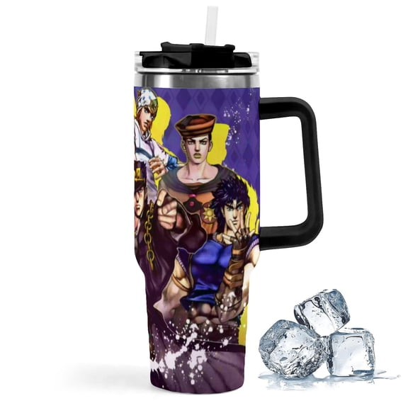 JoJo's Bizarre Adventure-theme Insulated Stainless Steel Tumbler with Handle Gifts For Family Friends Fans and Straw Fits in Standard Cup Holder 40 OZ
