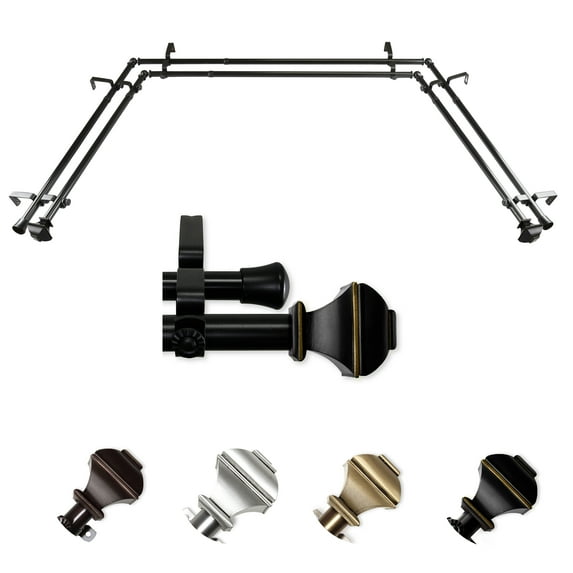 Joachim 13/16" Double Bay Window curtain rod Adjustable 20"-36", 38"-72" - Black,(ABay-82-2D)