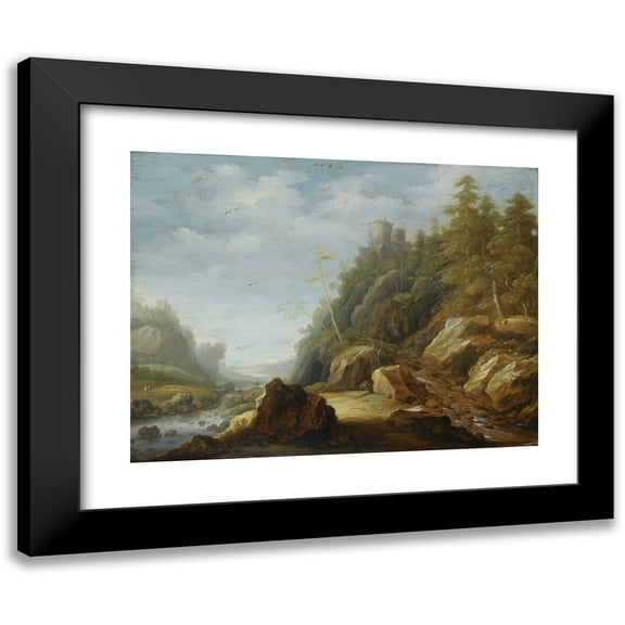 Joachim Govertsz Camphuysen 14x12 Black Modern Framed Museum Art Print Titled - A Rocky Mountain Landscape with a Stronghold on a Hill Top,&nbsp;Shepherds&nbsp;With Their Flock Beyond