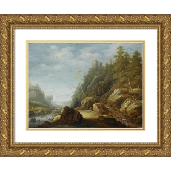 Joachim Govertsz Camphuysen 14x12 Gold Ornate Wood Frame and Double Matted Museum Art Print Titled - A Rocky Mountain Landscape with a Stronghold on a Hill Top, Shepherds With Their Flock Be