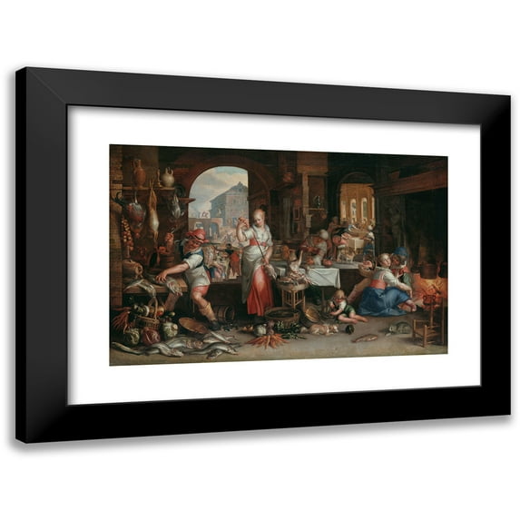 Joachim Wtewael 24x17 Black Modern Framed Museum Art Print Titled - Kitchen Interior with the Parable of the Great Supper (1605)