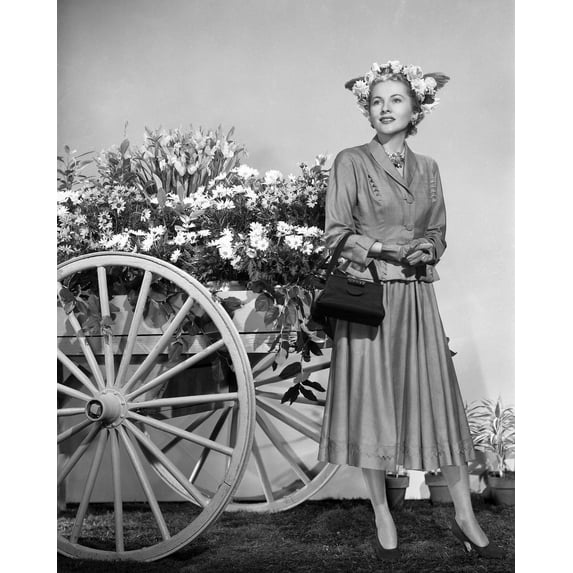 Joan Fontaine Glamour Outfited Standing In Flowery Hat By Flower Cart 24x36 Classic Hollywood Poster